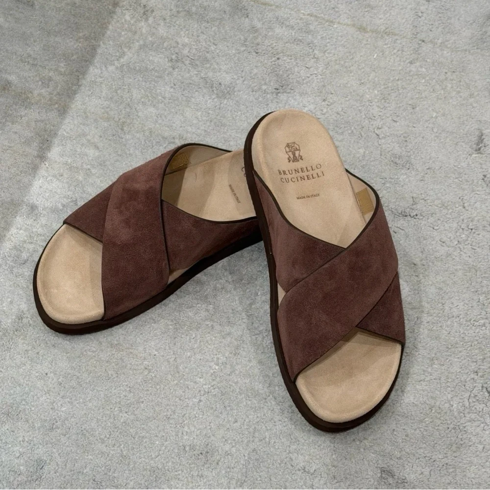 Brunello Cucinelli Brown Crossover Suede Slide Sandals